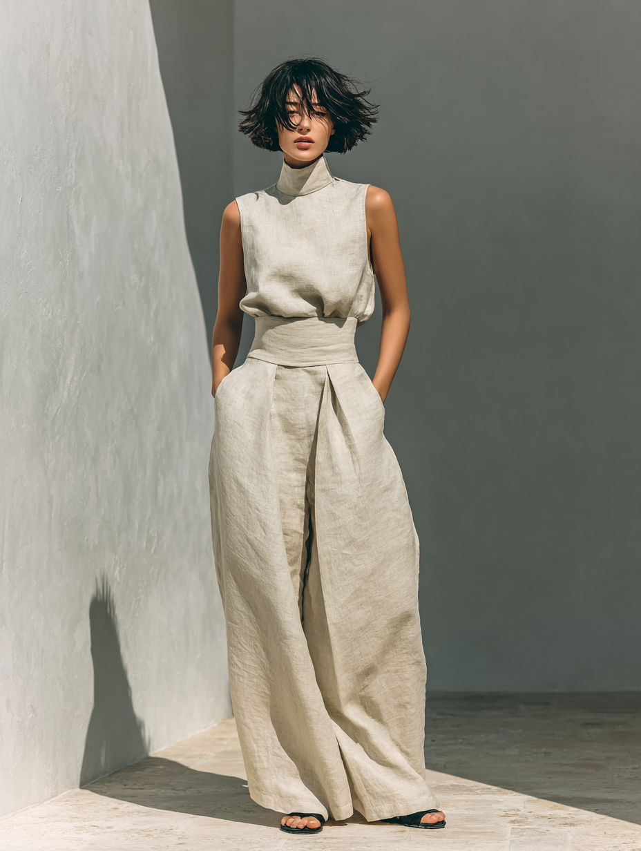 Women's Minimalist Cotton Blend Sleeveless Blouse And Wide-leg Pants Set MDZ0873A5Y