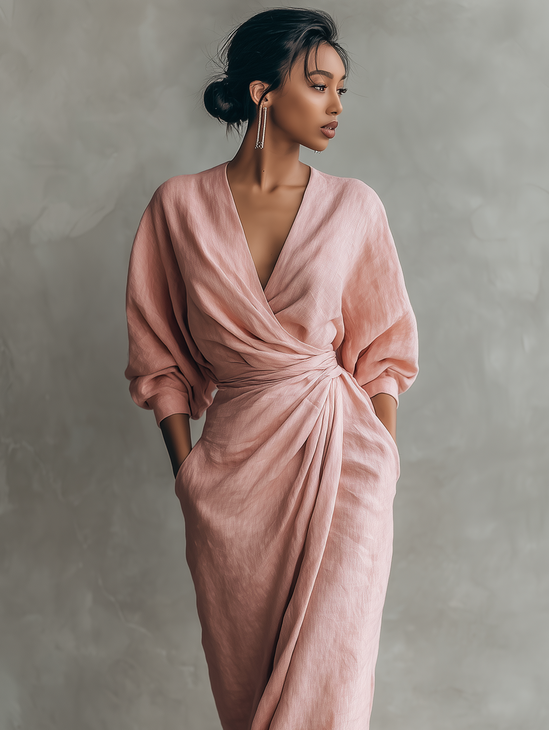 Women's Pink Minimalist V-neck Blend Maxi Dress MDA1655L0Y