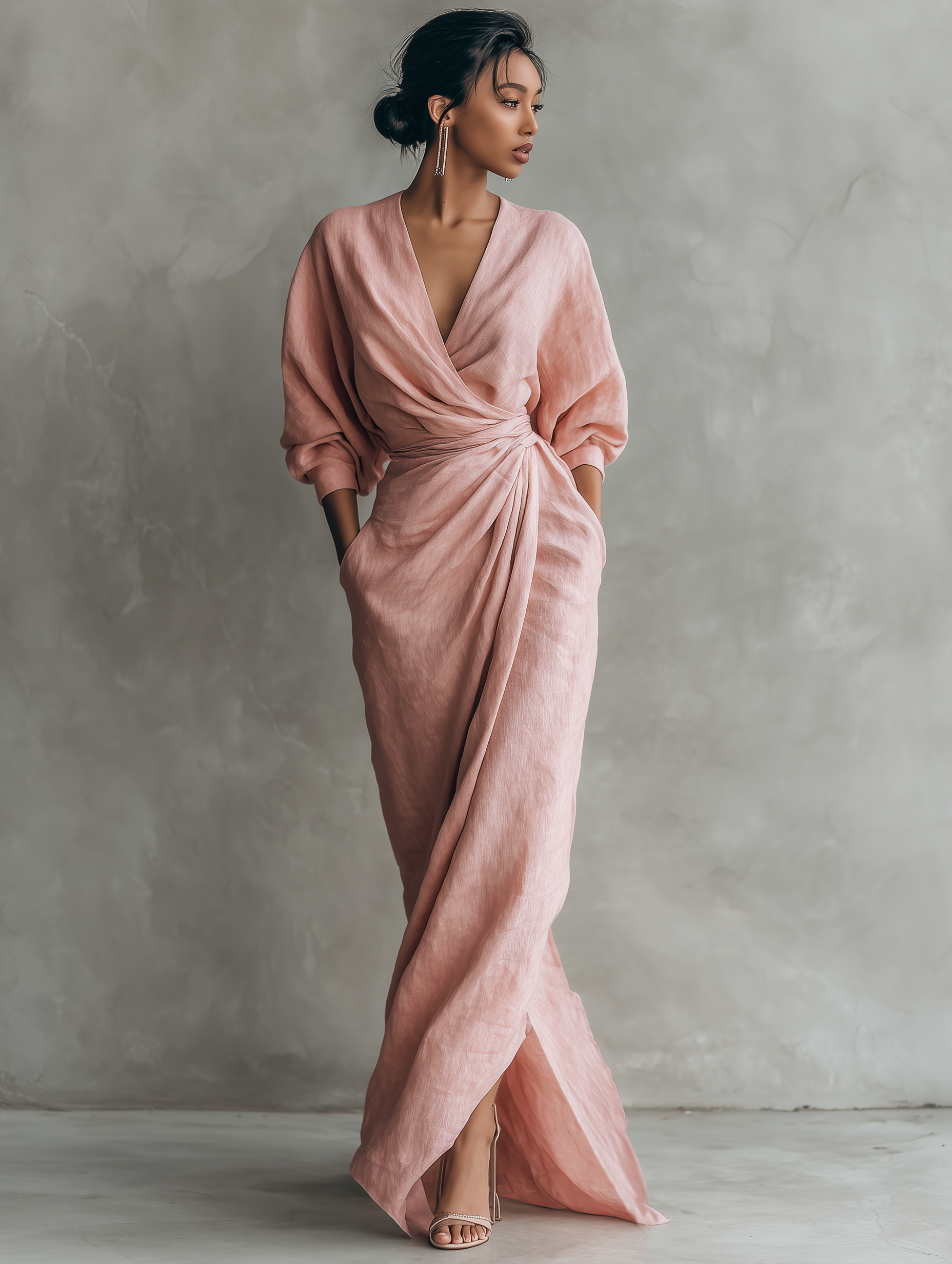 Women's Pink Minimalist V-neck Blend Maxi Dress MDA1655L0Y