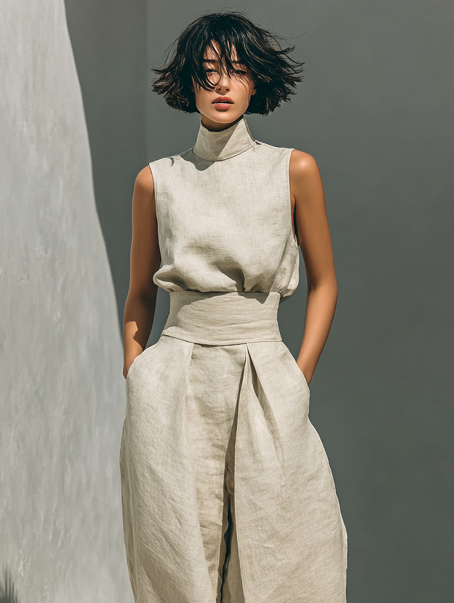 Women's Minimalist Cotton Blend Sleeveless Blouse And Wide-leg Pants Set MDZ0873A5Y