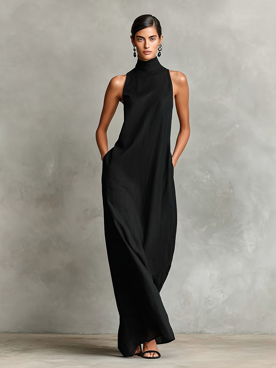 Women's Black Blend Maxi Dress With High Neck & Side Pockets, Timeless Minimalist Casual Dress
