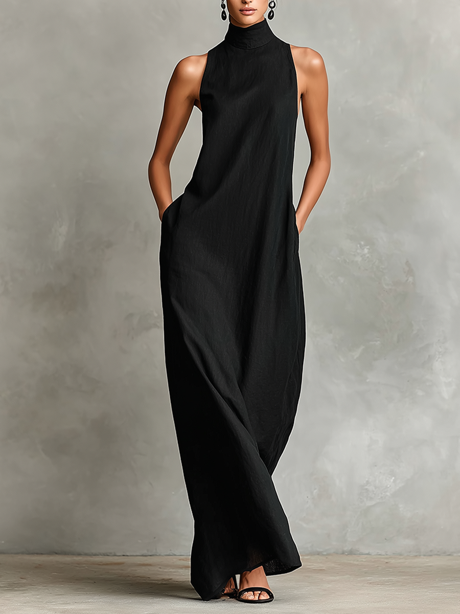 Women's Black Blend Maxi Dress With High Neck & Side Pockets, Timeless Minimalist Casual Dress