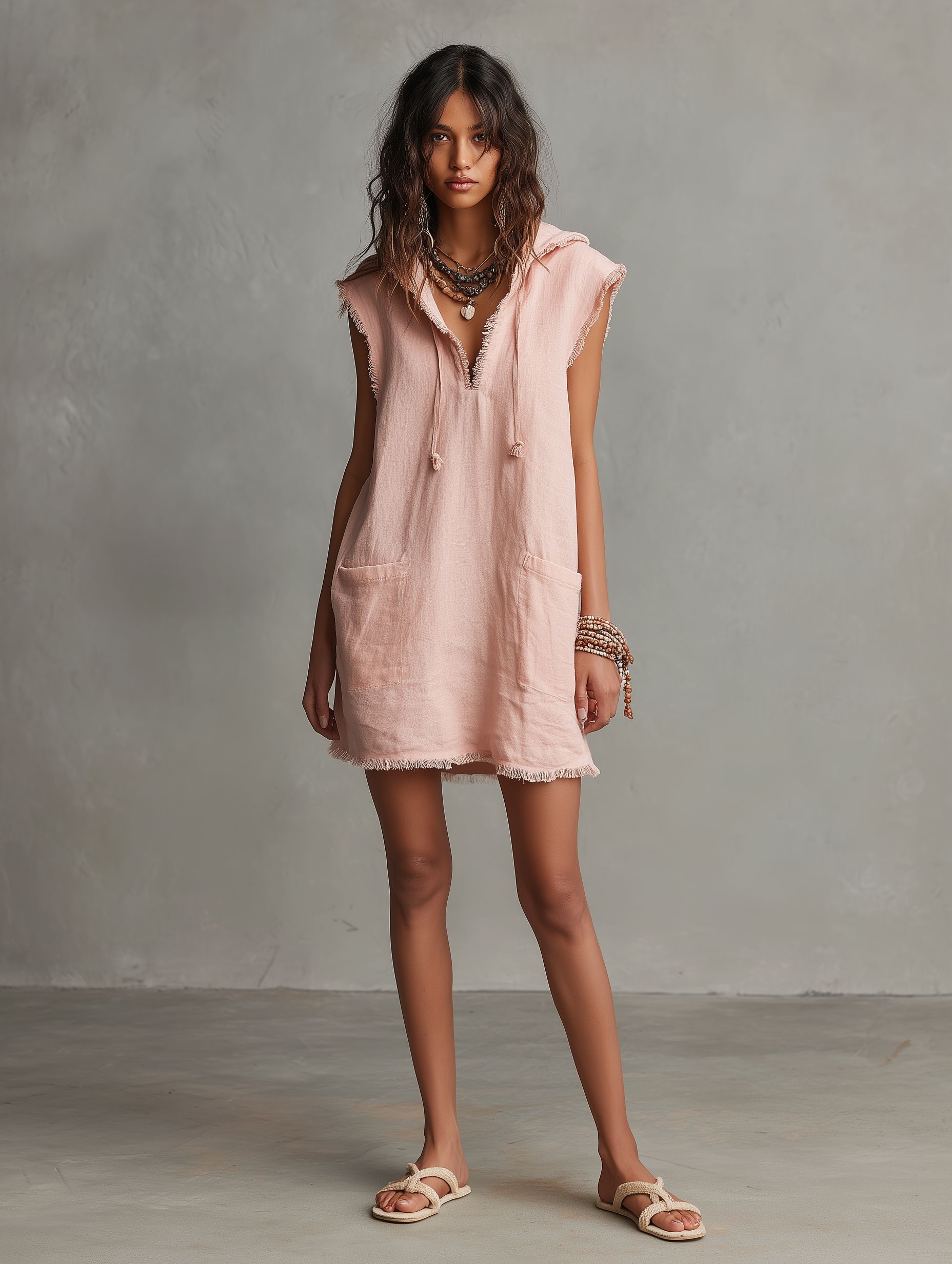 Women's Minimalist Blend Mini Dress — Hooded, Sleeveless, Raw Hem MDZ2961D3Y