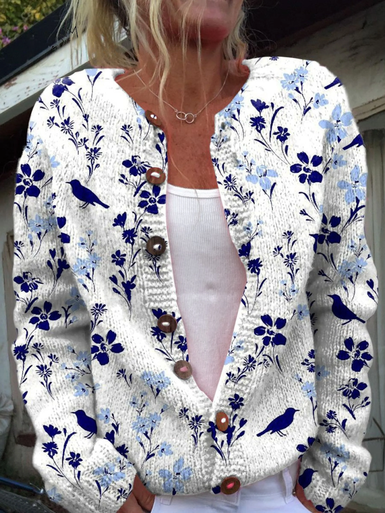 Vynora | Vintage Floral Bird Print Button-Front Cardigan Sweater