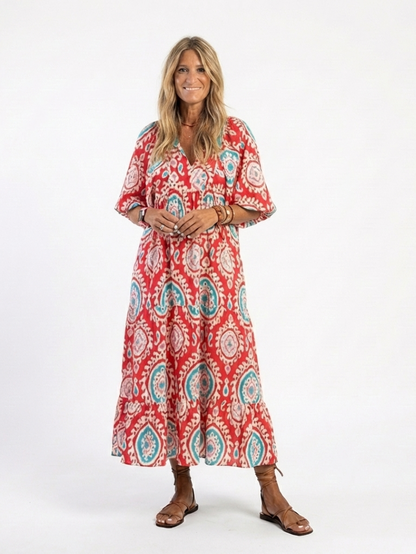 Zaria | Paisley Print Midi Dress with V-Neckline and Short Sleeves