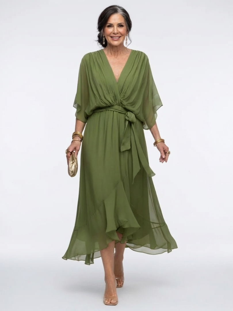 Elysia | Draped Midi Dress with V-Neckline and Waist Belt