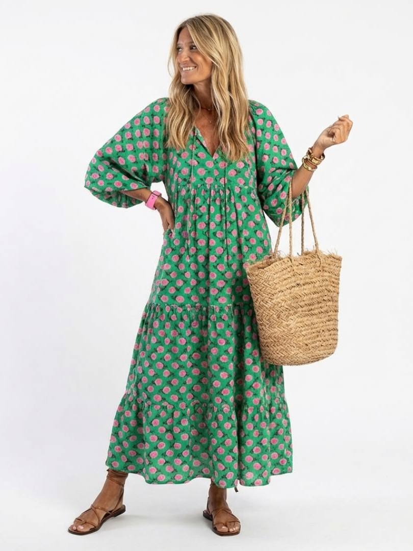 Fiora | Floral Print Midi Dress with V-Neckline
