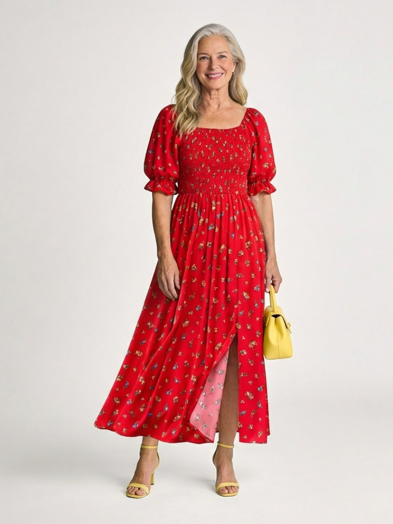 Delphine | Square Neck Midi Dress with Floral Print