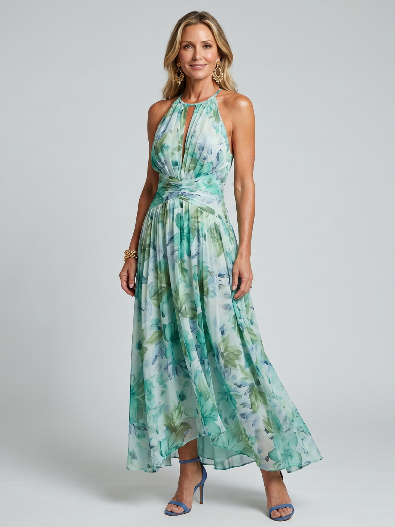 Portia Midi Dress in Pleated Crepe with Halter Neckline and Floral Print