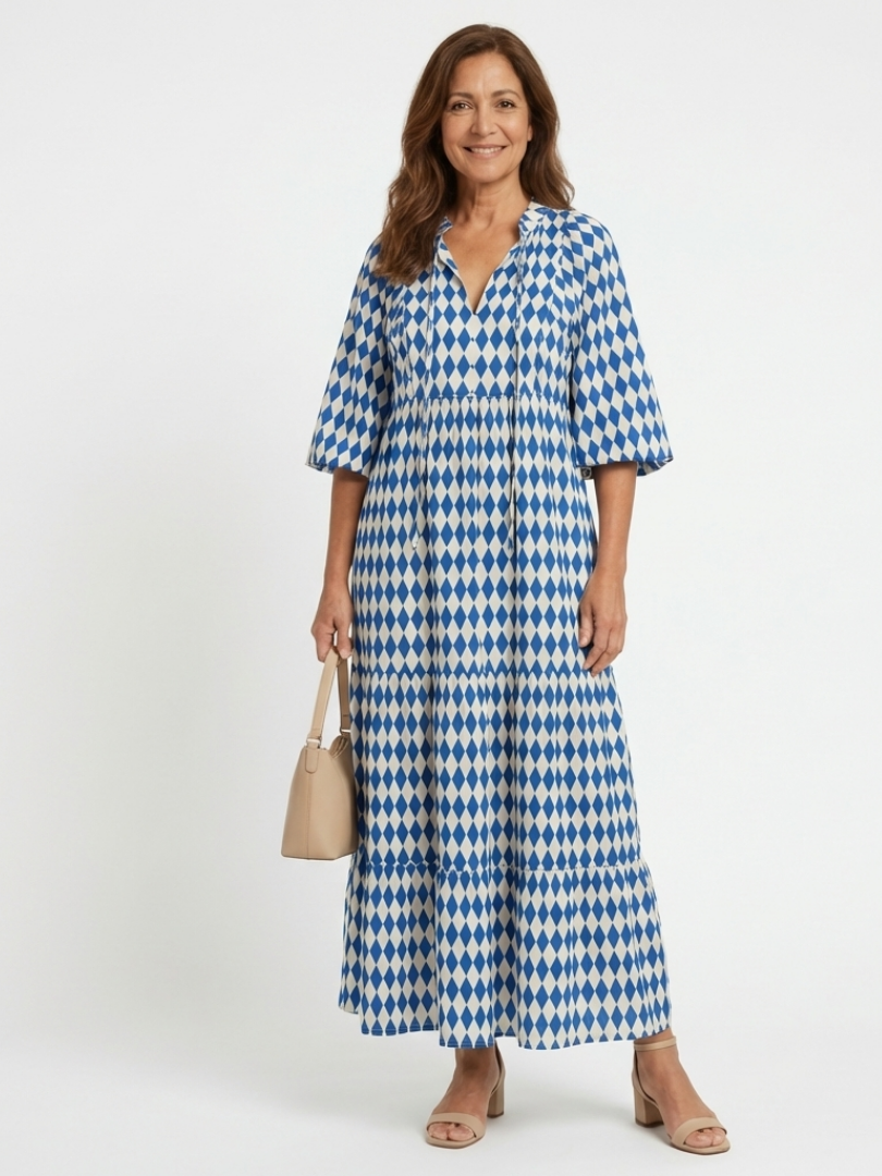 Elodie | Diamond Print Dress with Ruffle Skirt