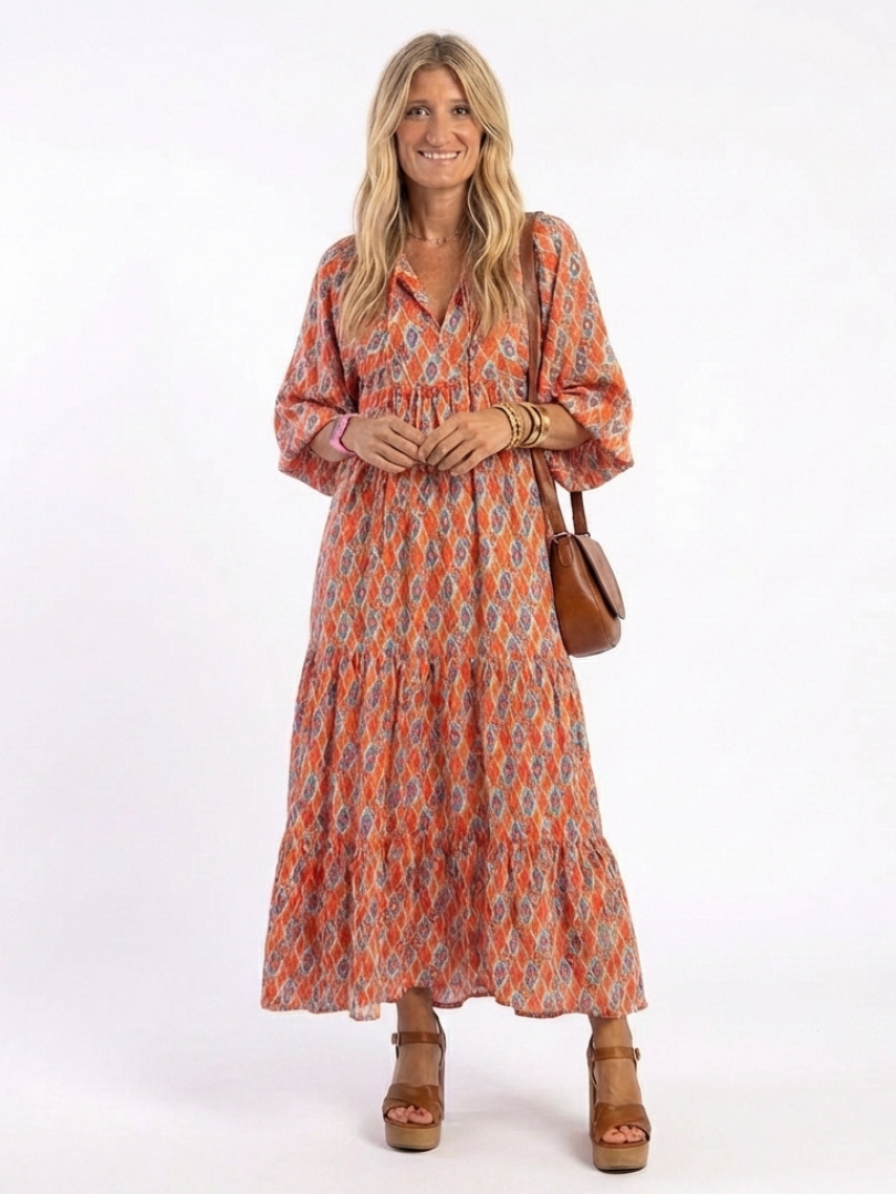 Amara | V-Neck Midi Dress with Geometric Print