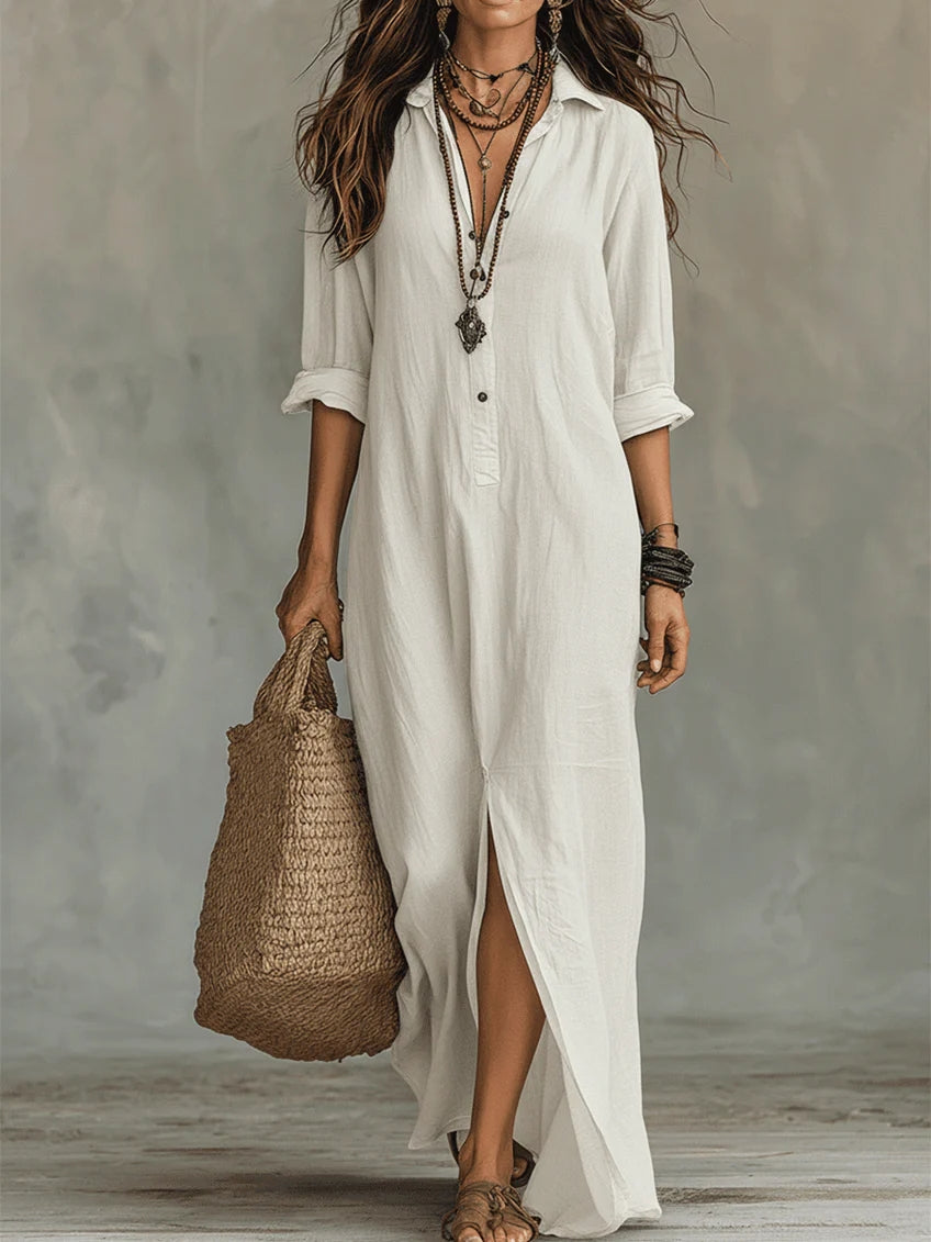 Soline | Black Flowy Long Dress with Buttons