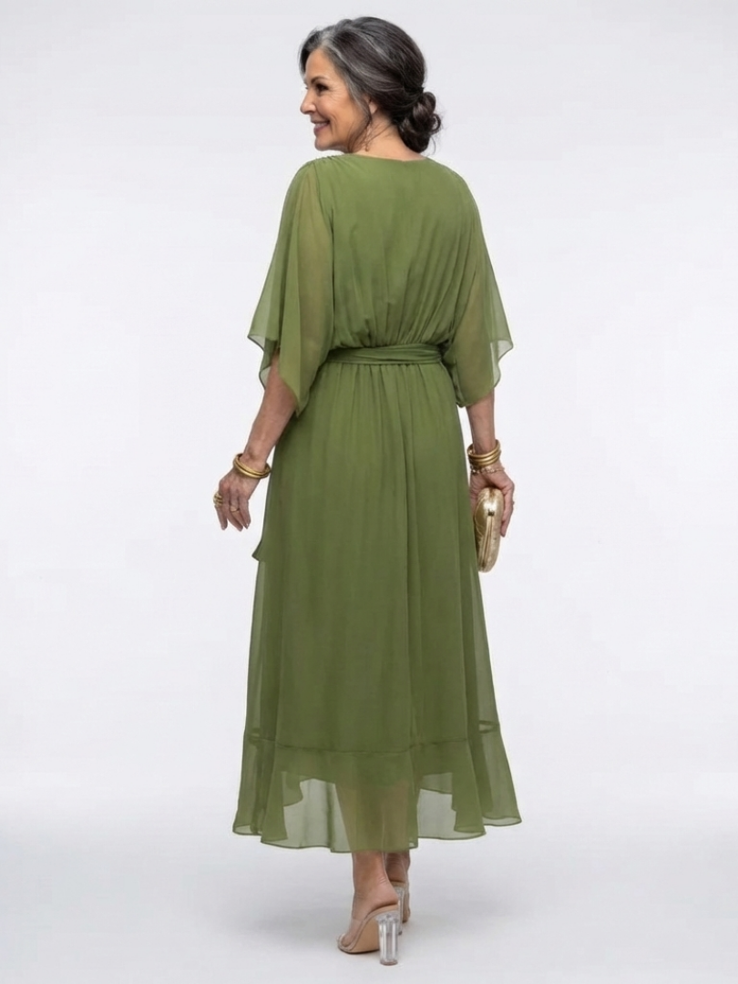 Elysia | Draped Midi Dress with V-Neckline and Waist Belt