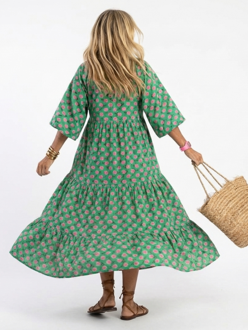 Fiora | Floral Print Midi Dress with V-Neckline