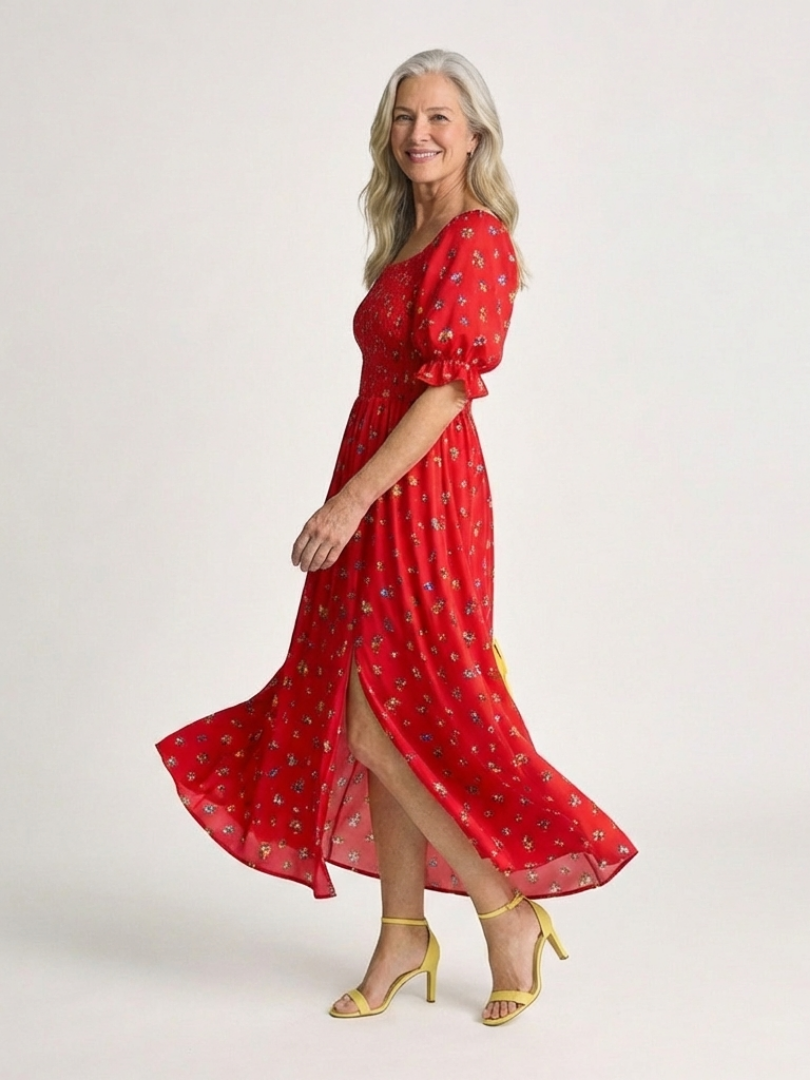 Delphine | Square Neck Midi Dress with Floral Print
