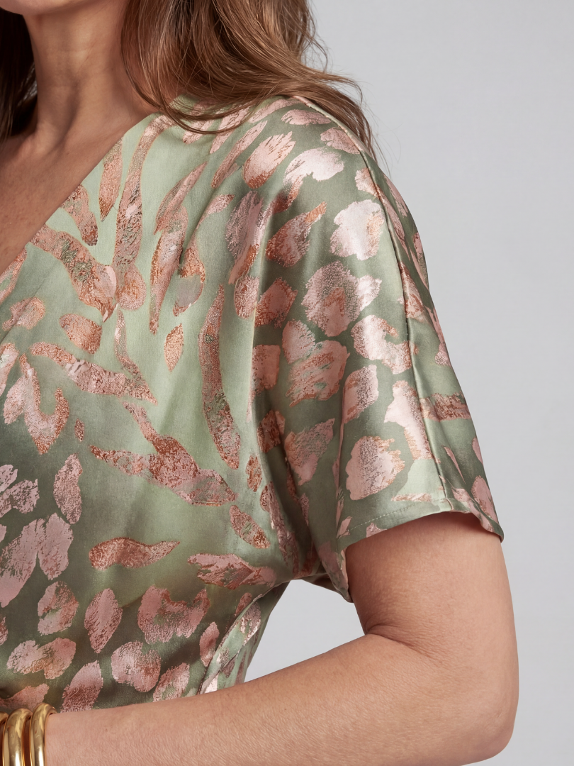 Coralie | Abstract Print Midi Dress with V-Neckline and Fitted Waist