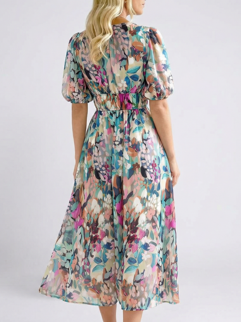 Eulalie | V-Neck Midi Dress with Short Sleeves and Gathered Waist