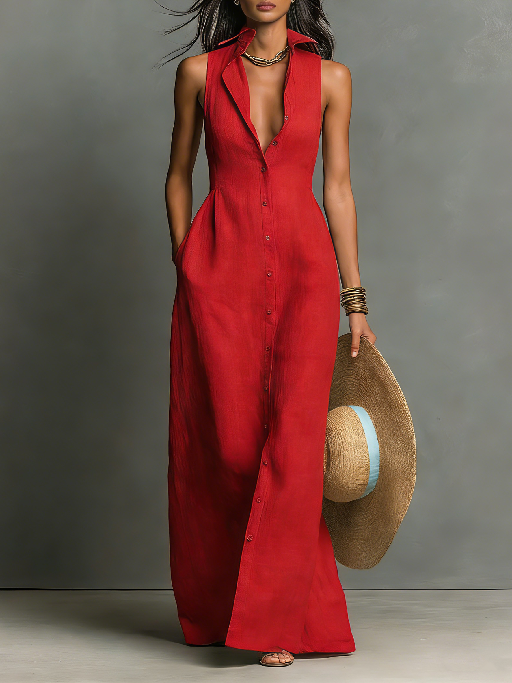Women's Minimalist Blend Collared Single-Breasted Sleeveless Maxi Shirt Dress