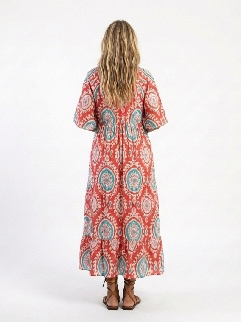 Zaria | Paisley Print Midi Dress with V-Neckline and Short Sleeves