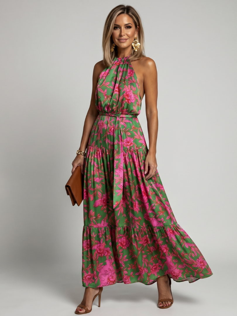 Pink Draped Midi Dress with Elegant Halter Neckline