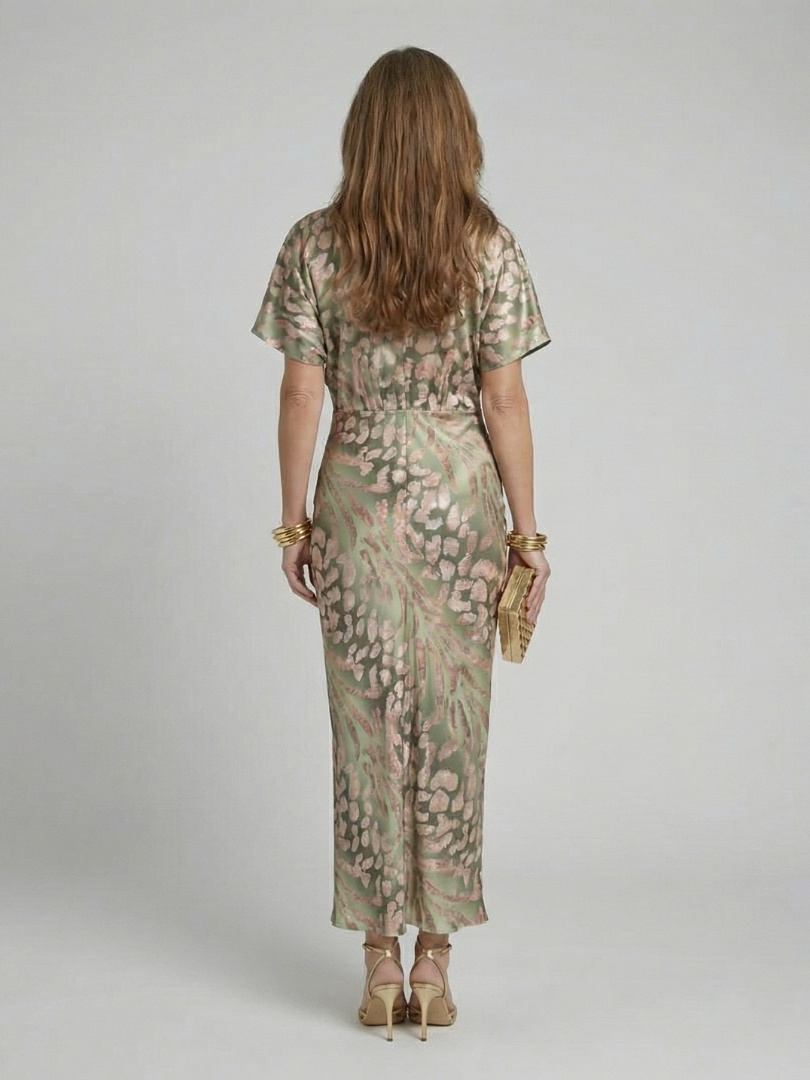 Coralie | Abstract Print Midi Dress with V-Neckline and Fitted Waist