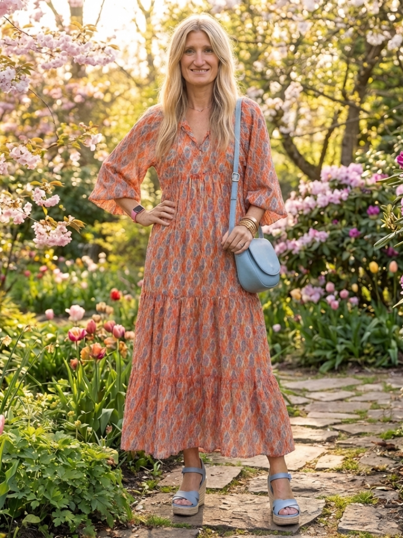 Amara | V-Neck Midi Dress with Geometric Print