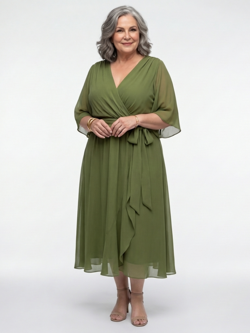 Elysia | Draped Midi Dress with V-Neckline and Waist Belt