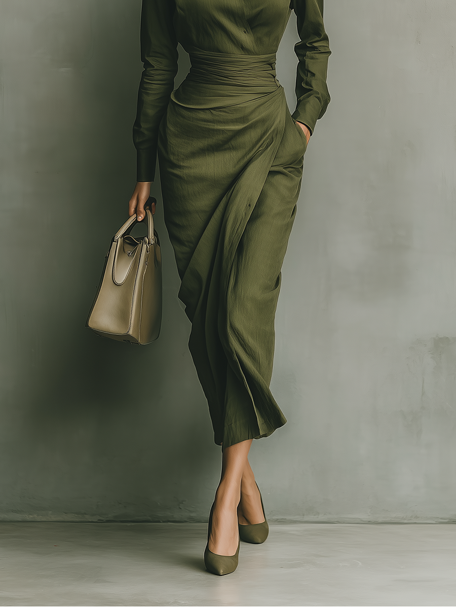 Women's Army Green Cotton Blended Maxi Dress MDA2281I8T