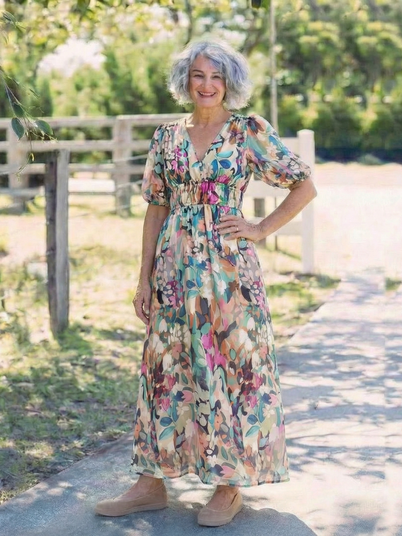 Eulalie | V-Neck Midi Dress with Short Sleeves and Gathered Waist