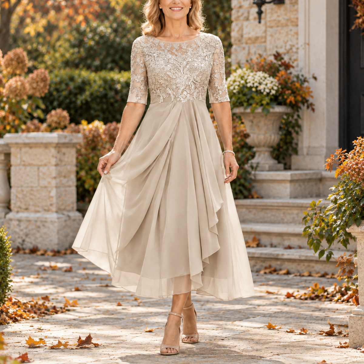 Zoe - Lace Bodice Draped Midi Dress