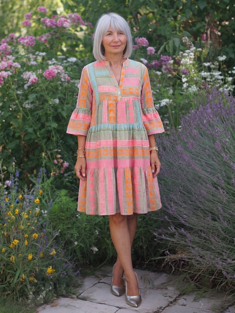 Maelle | V-Neck Geometric Print Dress, Knee Length