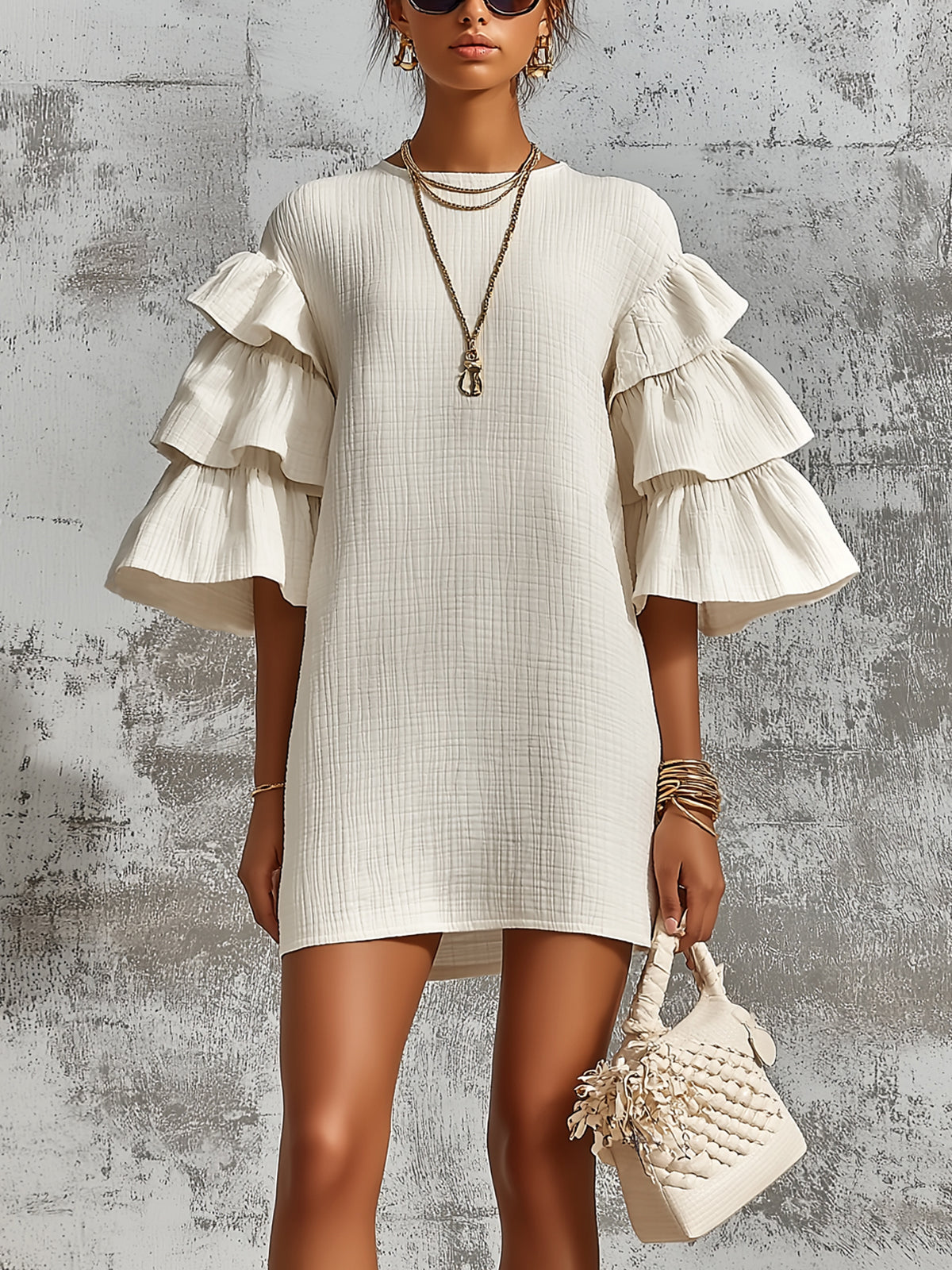 Chic Elegant Cream-White Ruffled Flare-Sleeve A-Line Mini Dress
