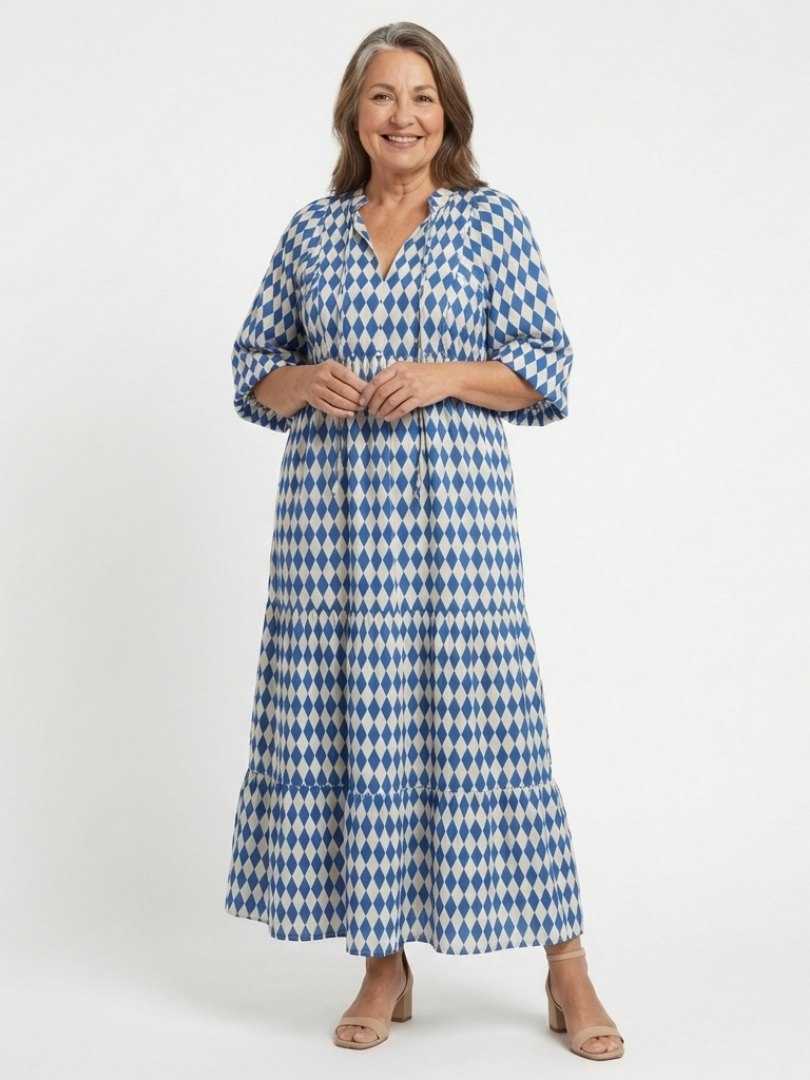 Elodie | Diamond Print Dress with Ruffle Skirt