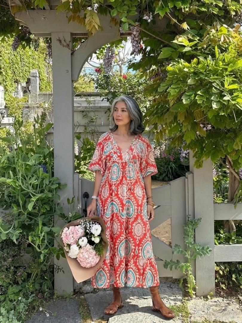 Zaria | Paisley Print Midi Dress with V-Neckline and Short Sleeves