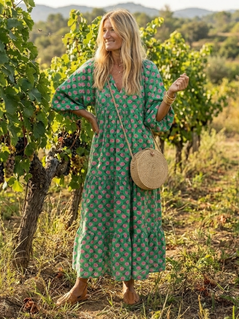Fiora | Floral Print Midi Dress with V-Neckline