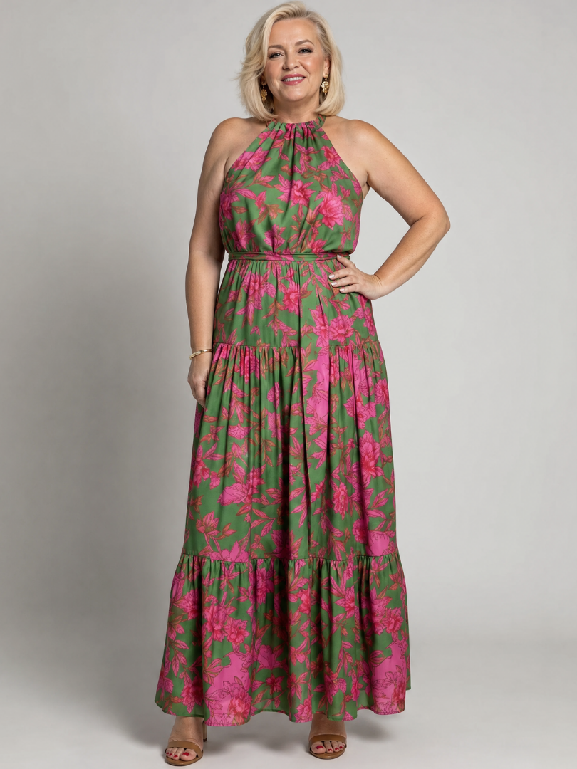 Pink Draped Midi Dress with Elegant Halter Neckline