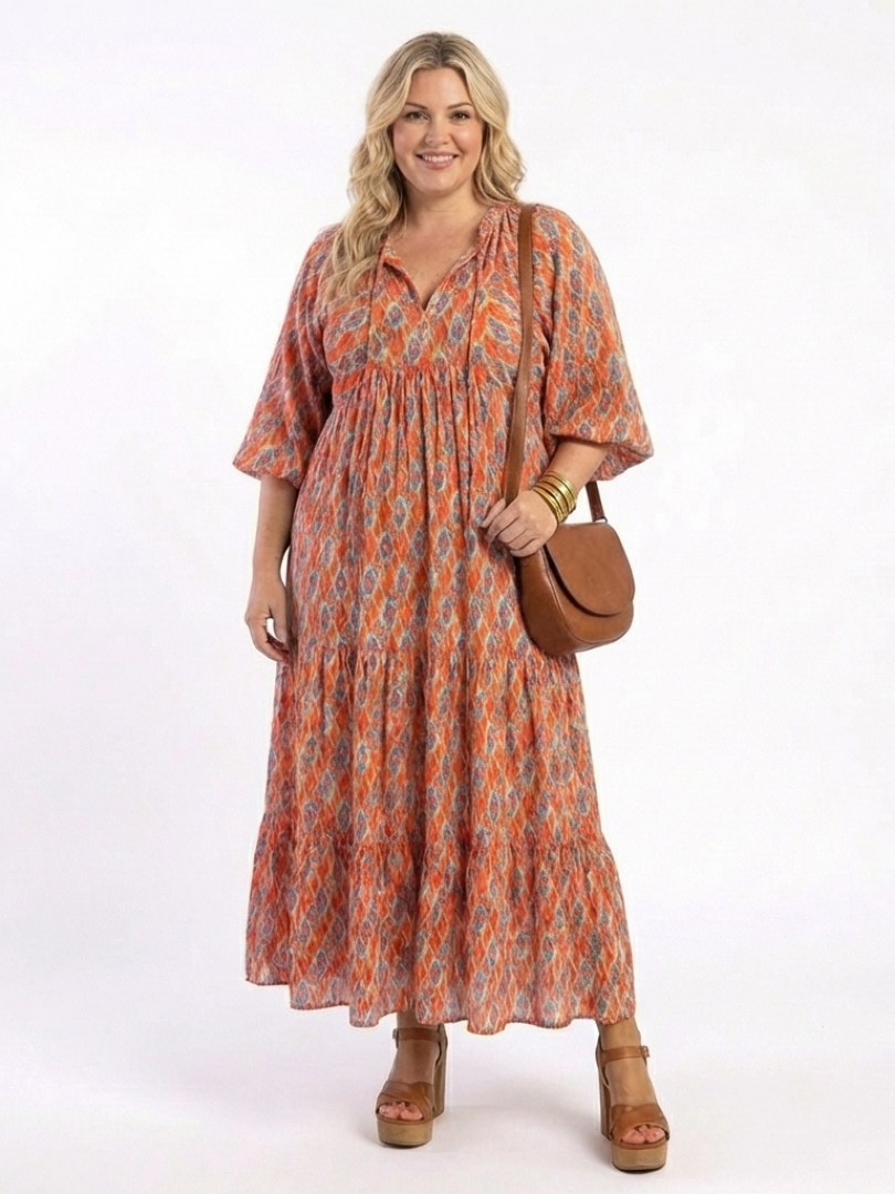 Amara | V-Neck Midi Dress with Geometric Print