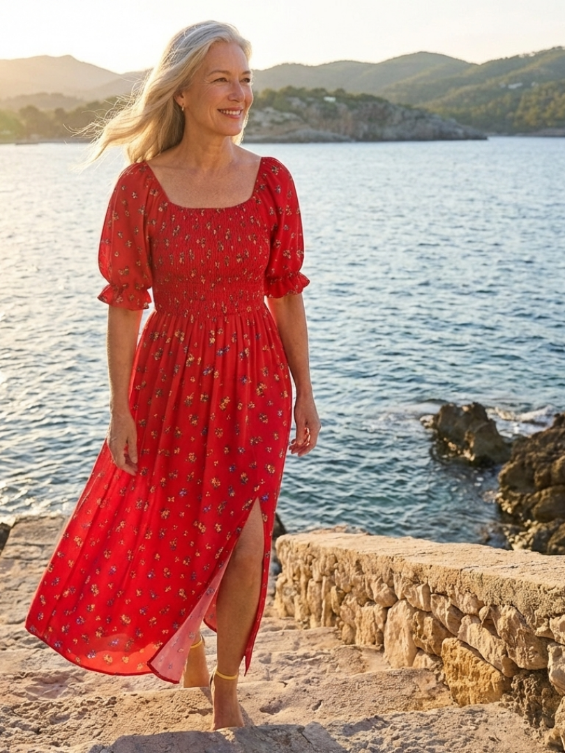 Delphine | Square Neck Midi Dress with Floral Print