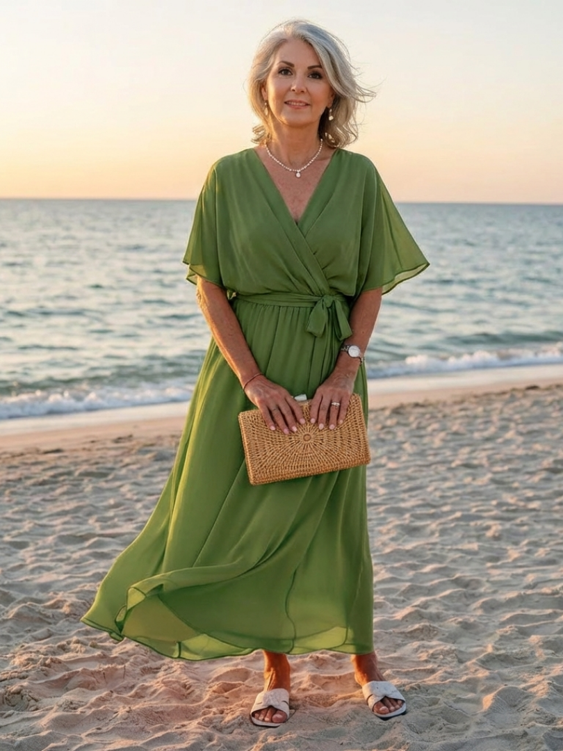 Elysia | Draped Midi Dress with V-Neckline and Waist Belt