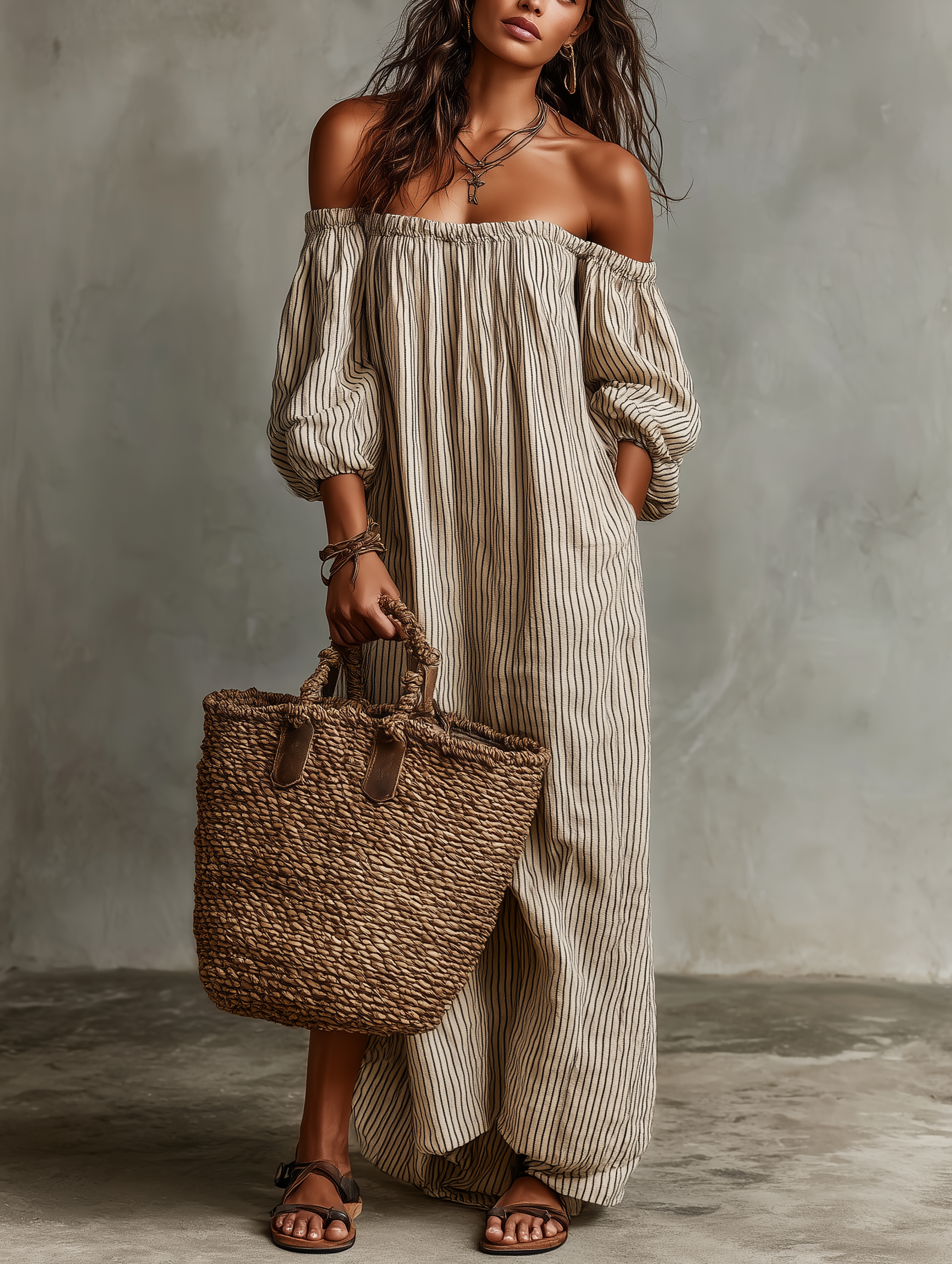 Women's Vacation Cotton Blend Off-shoulder Long-sleeved Maxi Dress MDZ0481B5Y