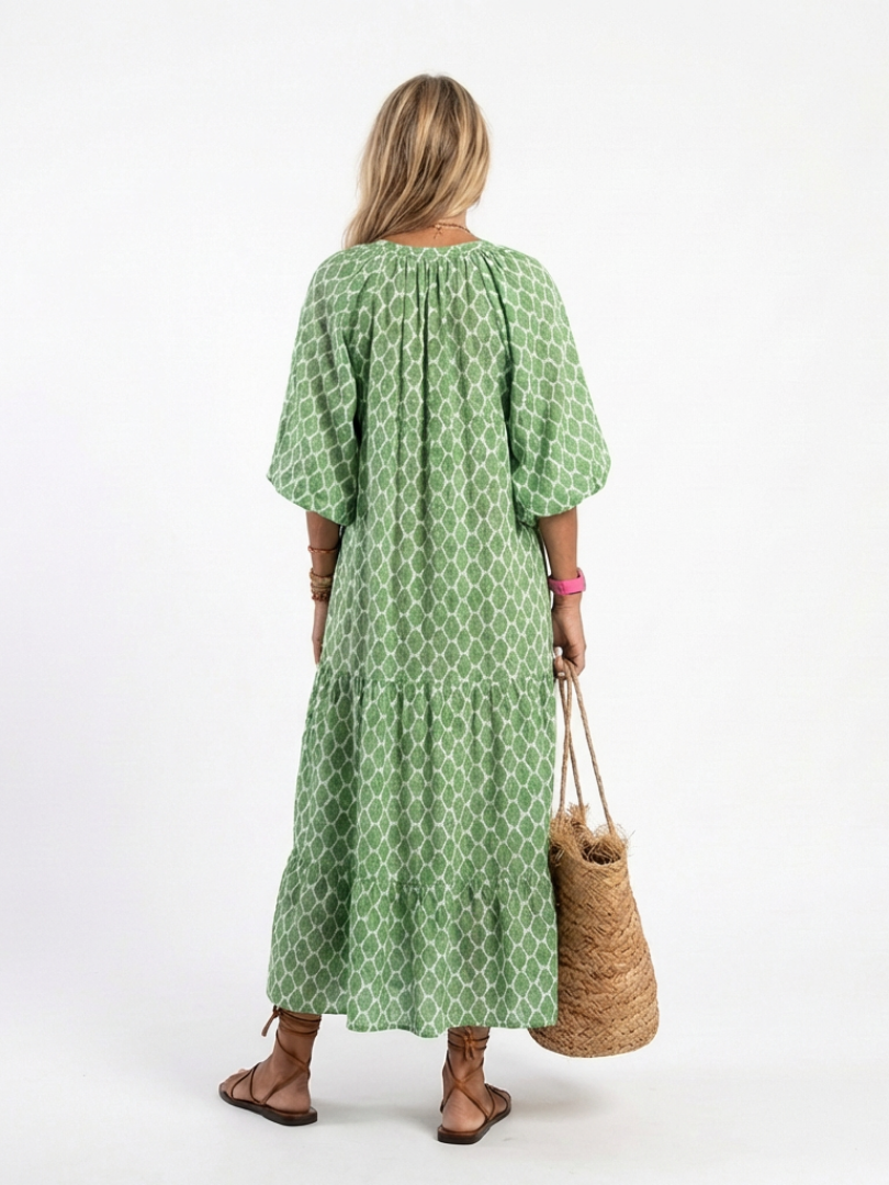 Apolline | Printed Midi Dress with Three-Quarter Sleeves and V-Neckline