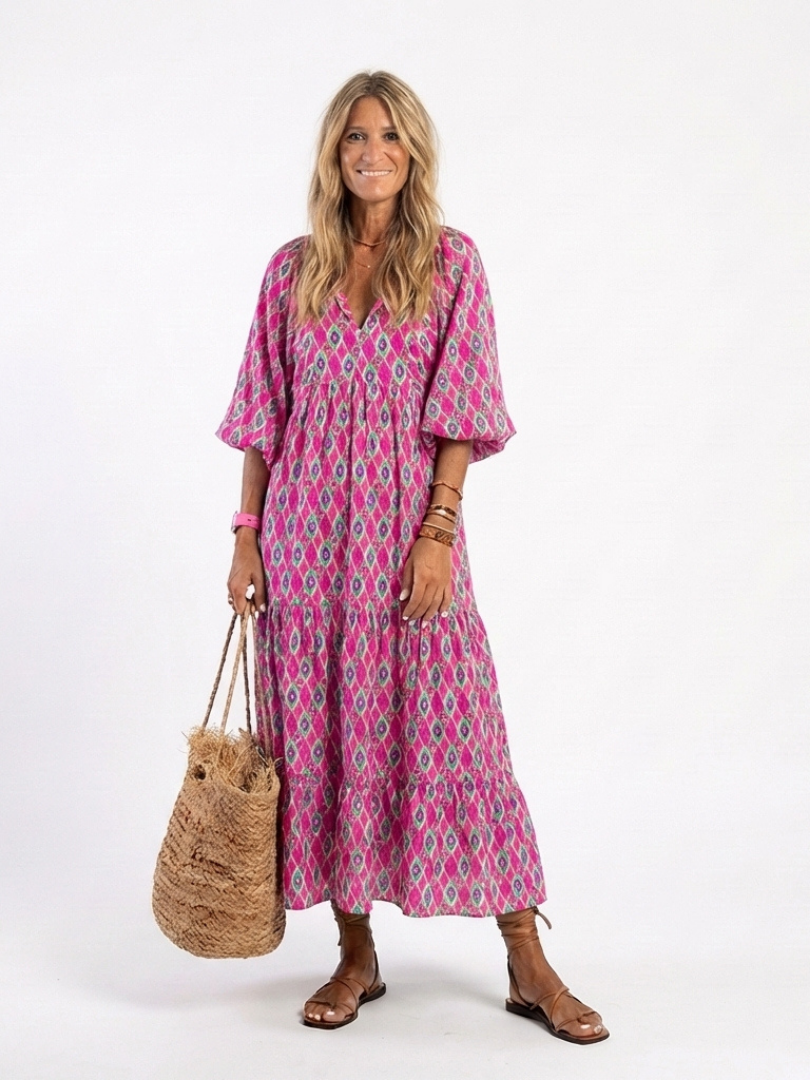 Apolline | Printed Midi Dress with Three-Quarter Sleeves and V-Neckline