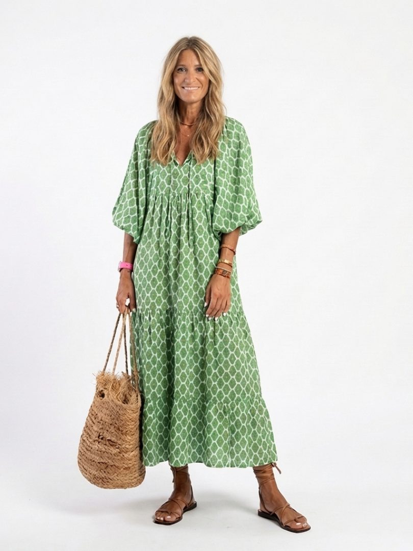 Apolline | Printed Midi Dress with Three-Quarter Sleeves and V-Neckline