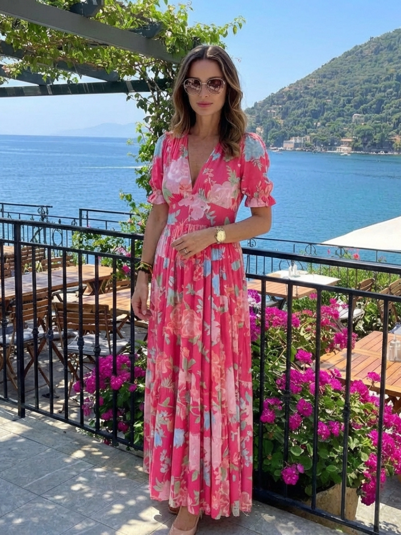 Ione | Midi Dress with Short Sleeves and Floral V-Neck