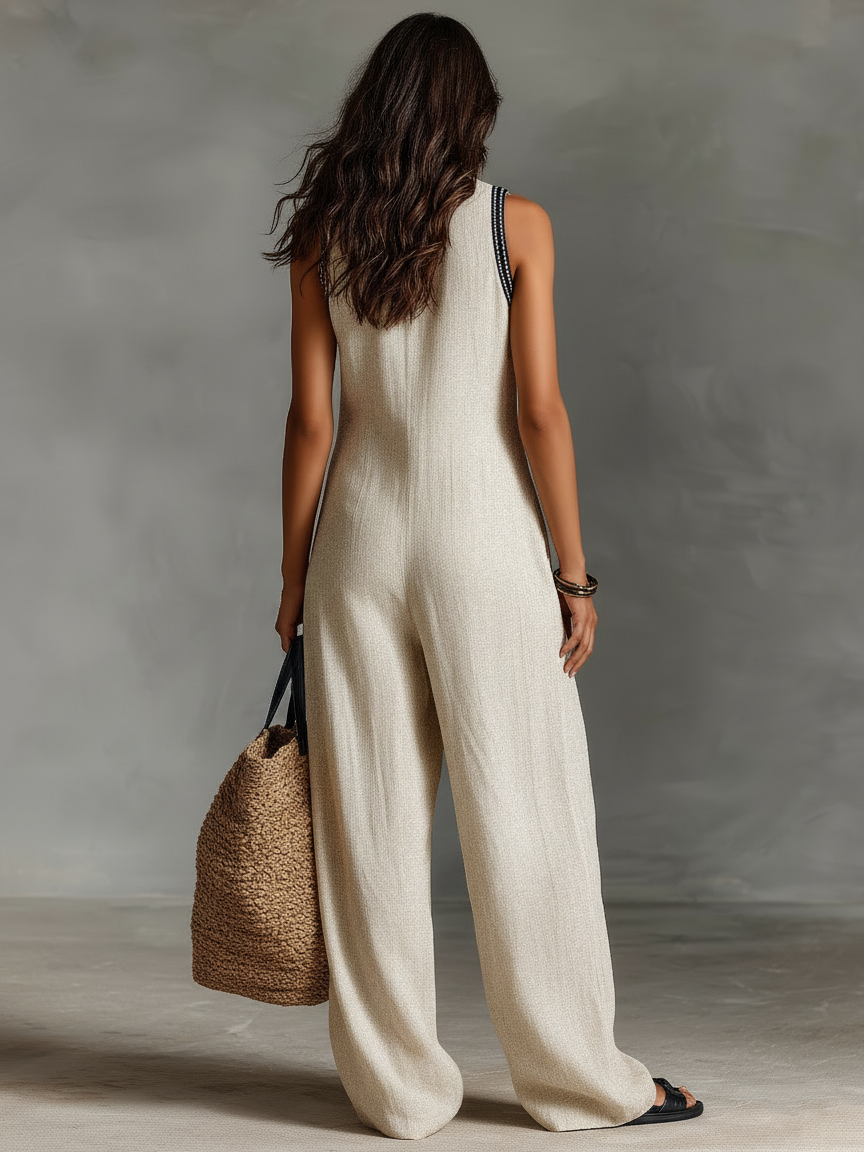 Women's Minimalist Blend Sleeveless Jumpsuit With Zipper And Stand Collar, Featuring Embroidery MDZ0627B3Y