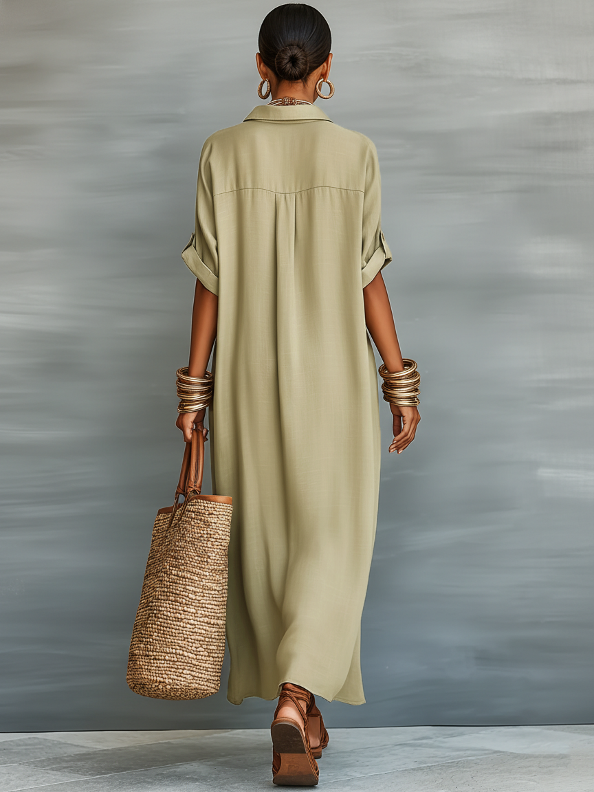 Women's Minimalist Blend Short-sleeved Shirt Maxi Dress