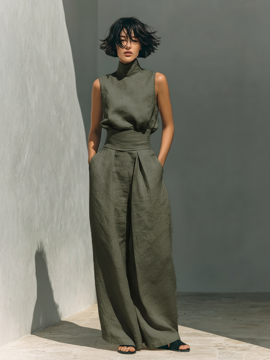 Women's Minimalist Cotton Blend Sleeveless Blouse And Wide-leg Pants Set MDZ0873A5Y