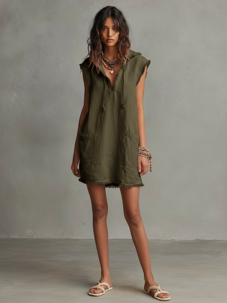 Women's Minimalist Blend Mini Dress — Hooded, Sleeveless, Raw Hem MDZ2961D3Y