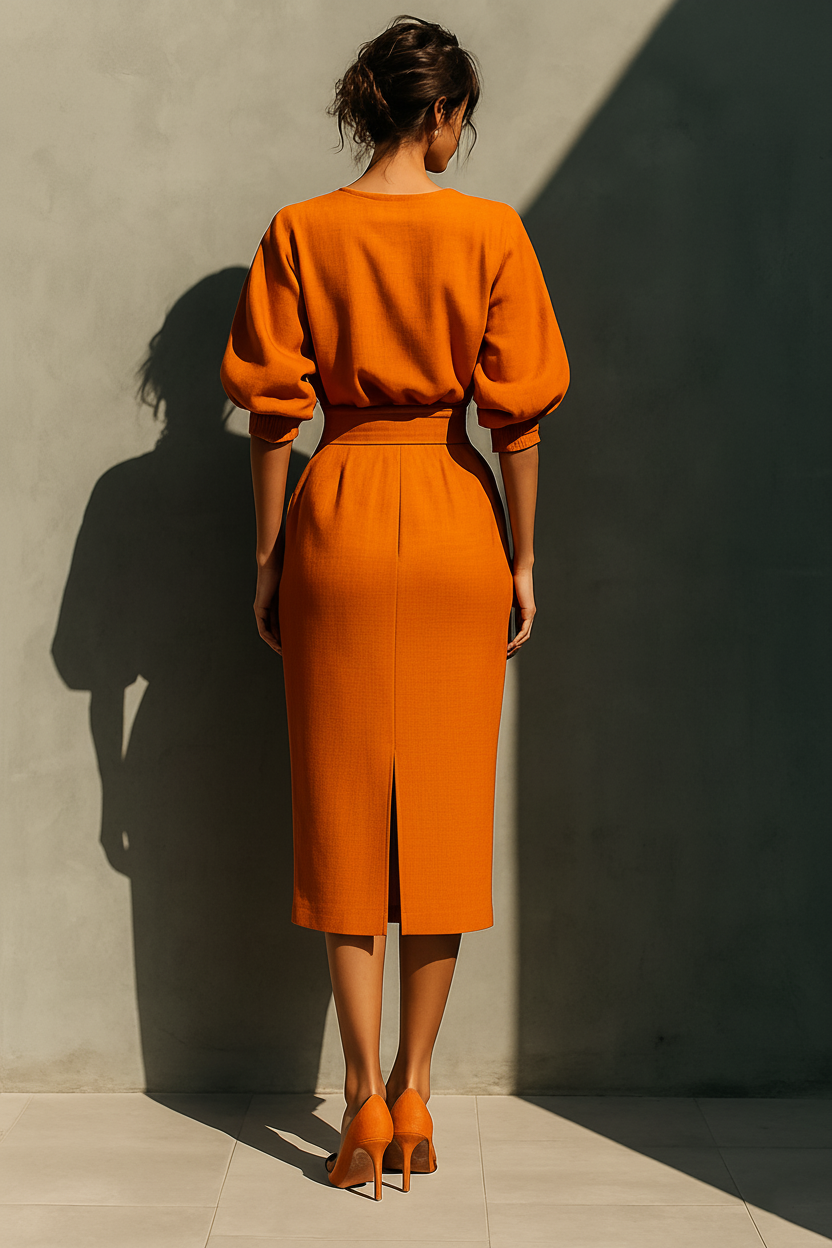Women's Orange Mid-sleeve Top And Midi Skirt Set MDA2511G6T