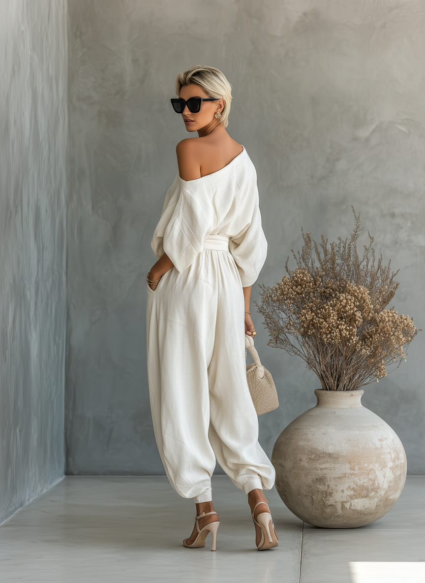 Women's Off-white Off-shoulder Loose Casual Top And Tapered Pants Set MDA2770K8T